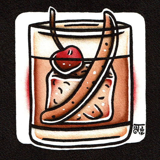 American traditional tattoo flash Old Fashioned Cocktail watercolor illustration painting.