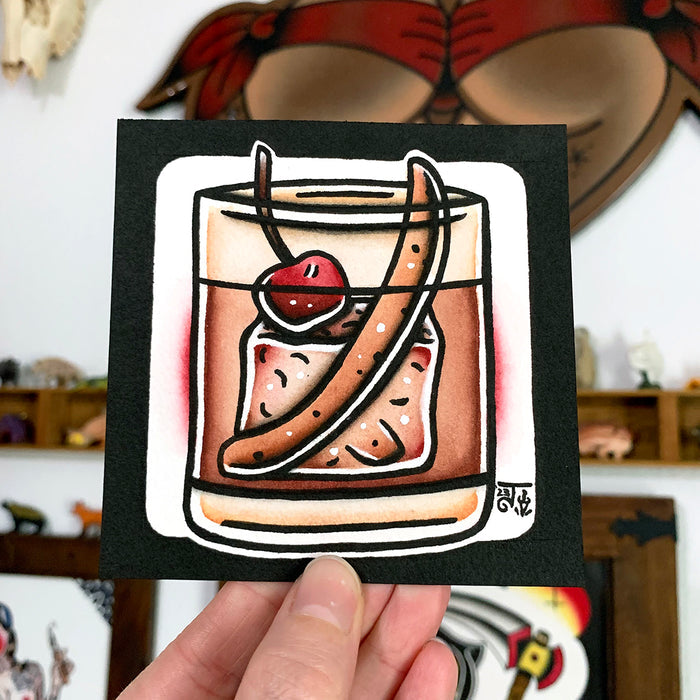 American traditional tattoo flash Old Fashioned Cocktail watercolor illustration painting.