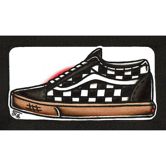 American traditional tattoo flash Old Skool Checkered Skateboard Shoe watercolor painting.