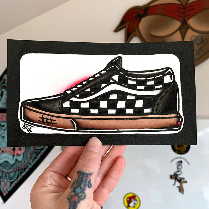 American traditional tattoo flash Old Skool Checkered Skateboard Shoe watercolor painting.