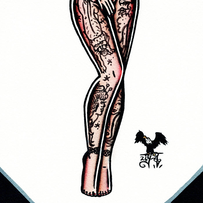 American traditional tattoo flash tattooed pinup watercolor painting.