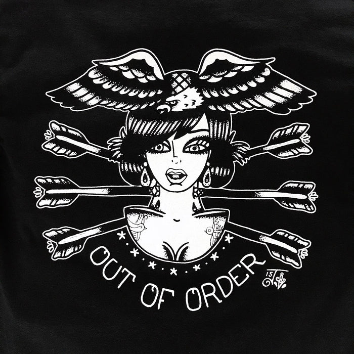 Tattoo style lady head with eagle and arrows reading Out Of Order on black t-shirt.