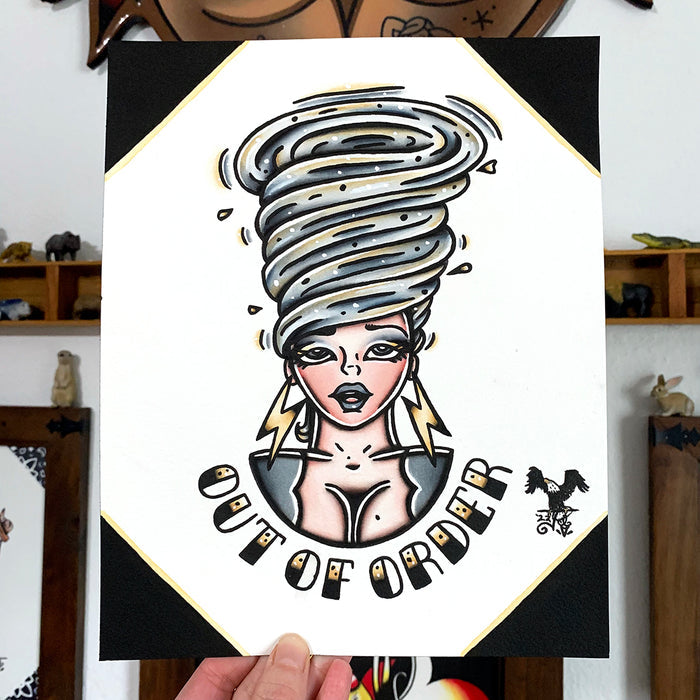 American Traditional Tattoo Flash Tornado Lady Head Pinup Painting.