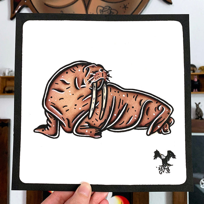 American traditional tattoo flash wildlife illustration Pacific Walrus ink and watercolor painting.