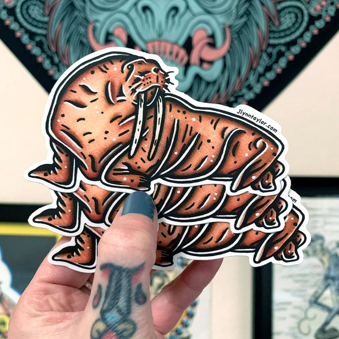 American traditional tattoo flash wildlife illustration Pacific Walrus watercolor sticker.