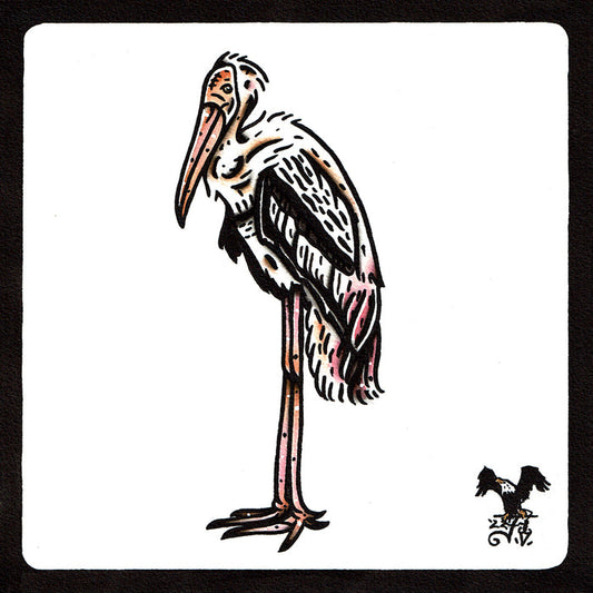 American traditional tattoo flash Painted Stork wildlife watercolor painting.