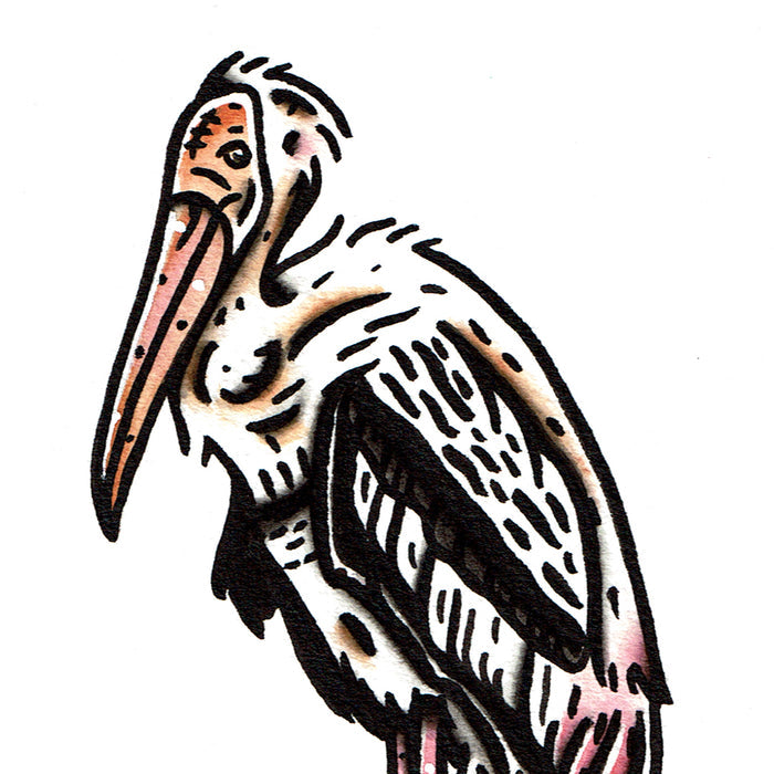 American traditional tattoo flash Painted Stork wildlife watercolor painting.