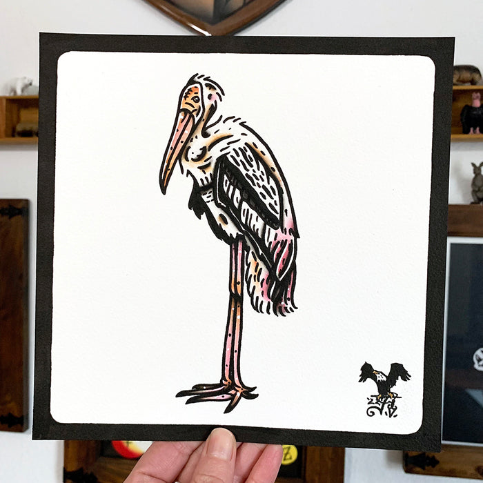 American traditional tattoo flash Painted Stork wildlife watercolor painting.