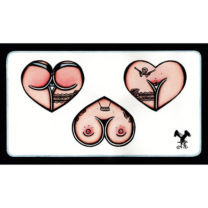 American Traditional tattoo butt, Booty, Boobie and Front Heart ink and watercolor painting.