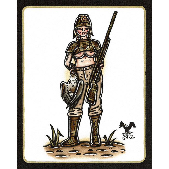 American Traditional tattoo flash sexy Duck Hunting Pinup commissioned watercolor painting.