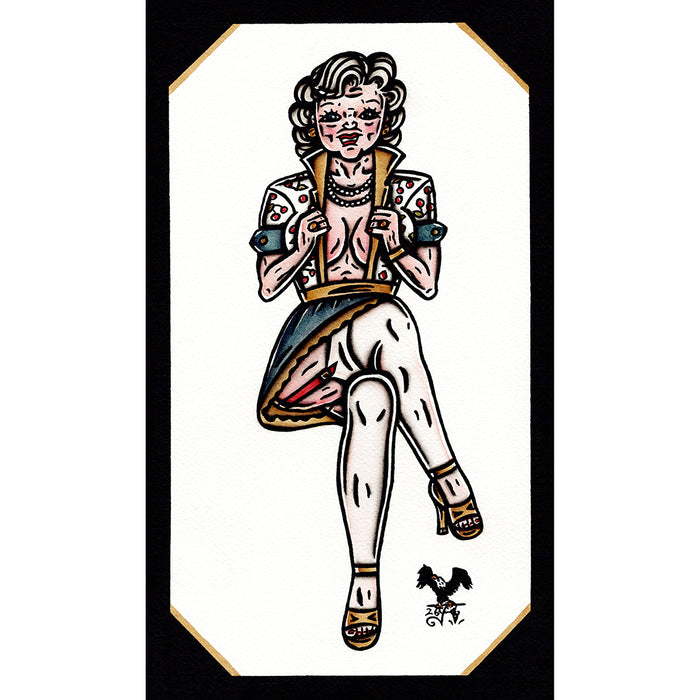 American traditional tattoo flash sexy Betty White pinup watercolor painting.