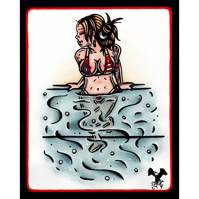 American Traditional tattoo flash Infinity Pool Pinup commissioned watercolor painting.