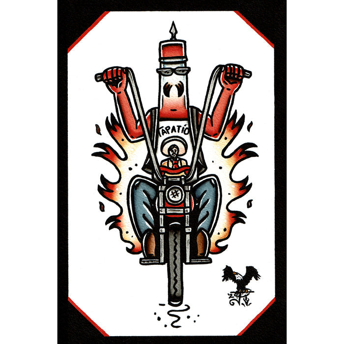 American traditional tattoo flash illustration Tapatio Bottle Riding a Chopper watercolor painting.