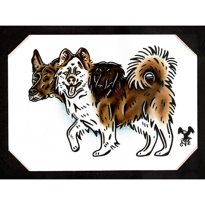 American traditional tattoo flash illustration Cerberus Pet Portrait watercolor painting.