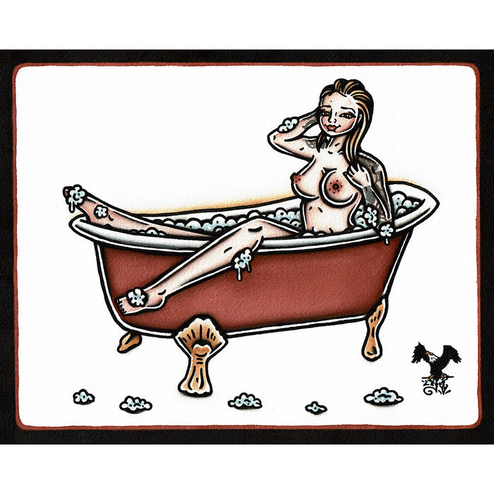 American traditional tattoo flash nude Bath Tub Pinup watercolor painting.
