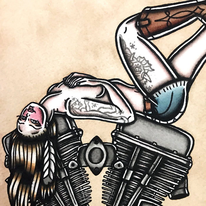 American Traditional tattoo flash sexy Harley-Davidson Panhead engine pinup spitshade painting.