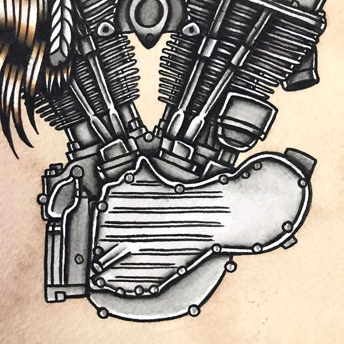 American Traditional tattoo flash sexy Harley-Davidson Panhead engine pinup spitshade painting.