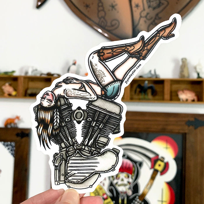 American traditional tattoo flash Harley Motorcycle Panhead Engine Pinup watercolor sticker.