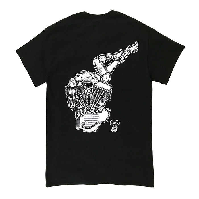 Tattoo style harley panhead engine pinup tee shirt.