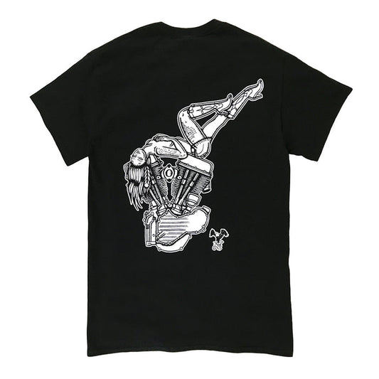 Tattoo style harley panhead engine pinup tee shirt.
