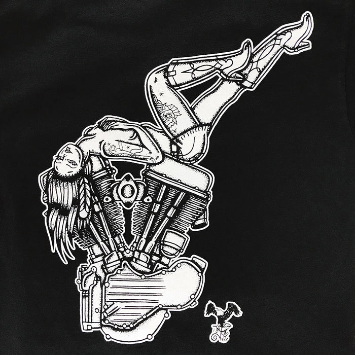 T-shirt with tattoo style pinup laying on Panhead engine.