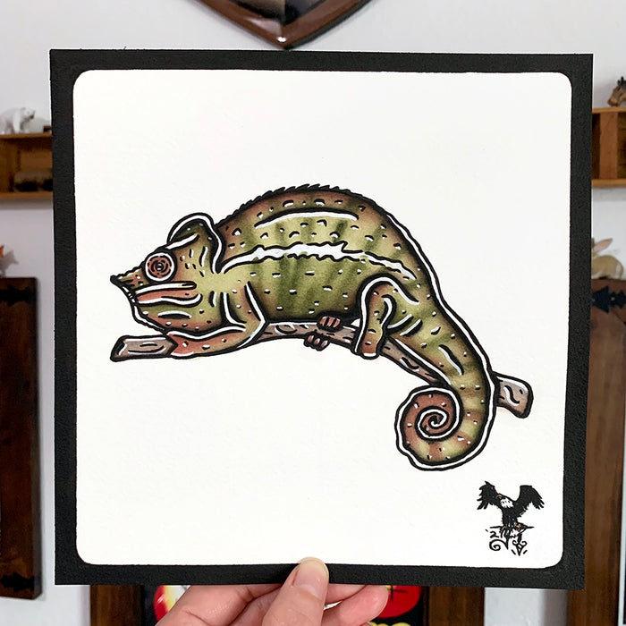 American traditional tattoo flash wildlife illustration Panther Chameleon ink and watercolor painting.