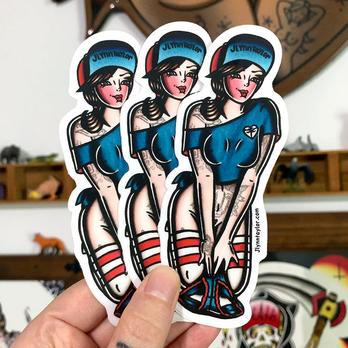 American traditional tattoo flash Panty Dropper Skateboard Pinup watercolor sticker.