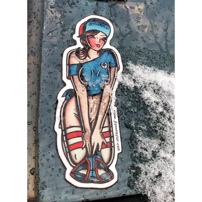 American traditional tattoo flash Panty Dropper Skateboard Pinup watercolor sticker.