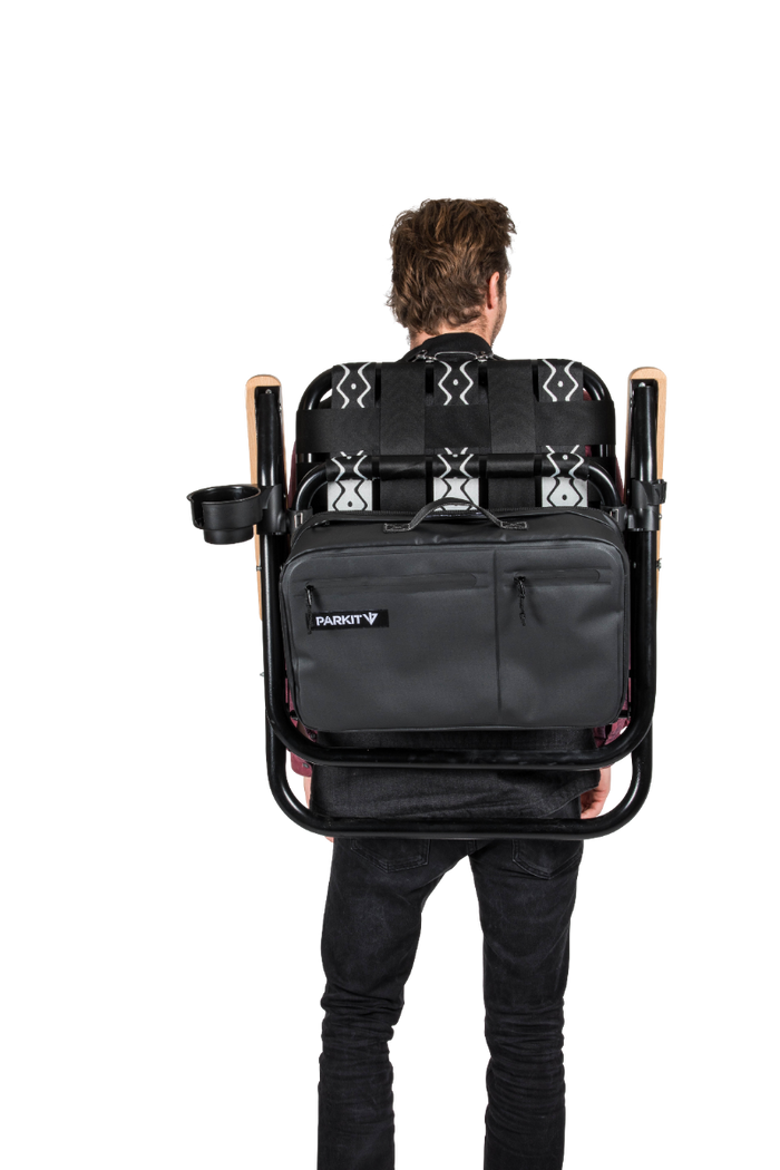 PARKIT Voyager adventure chair back view being used as backpack