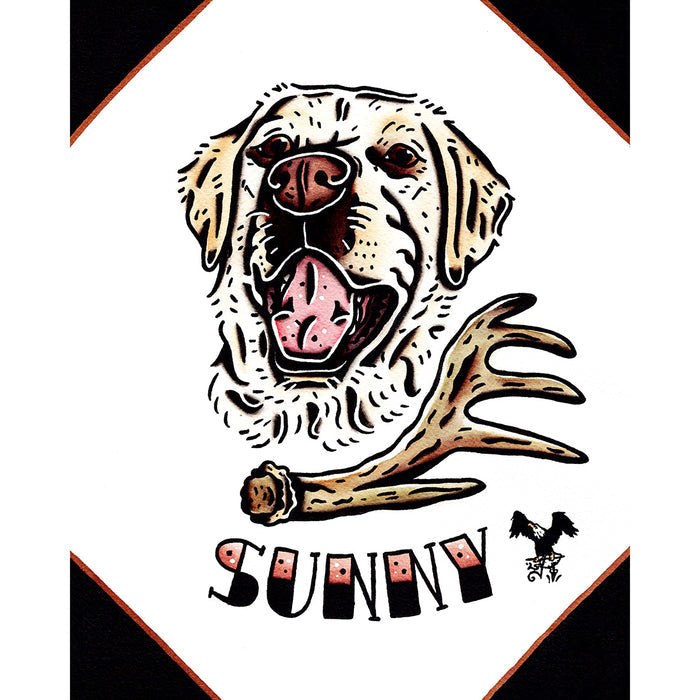 American traditional tattoo flash illustration yellow lab Dog Pet Portrait watercolor painting commission.