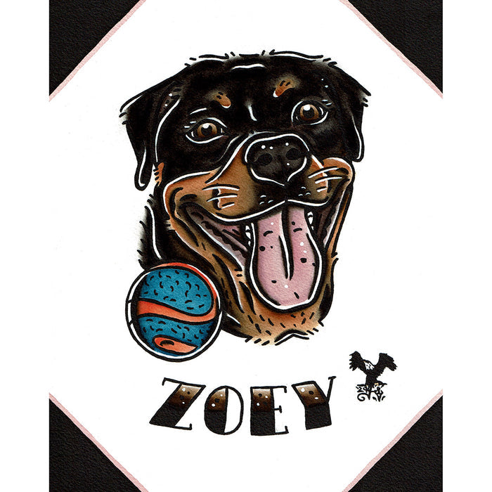 American traditional tattoo flash illustration Rottweiler Pet Portrait watercolor painting commission.
