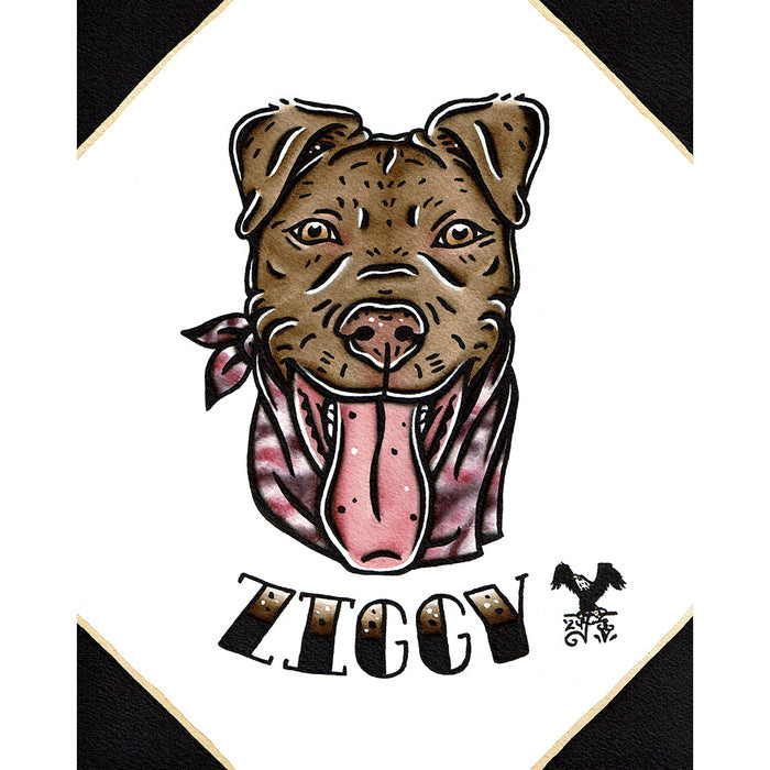 American traditional tattoo flash illustration Pitbull Pet Portrait watercolor painting commission.