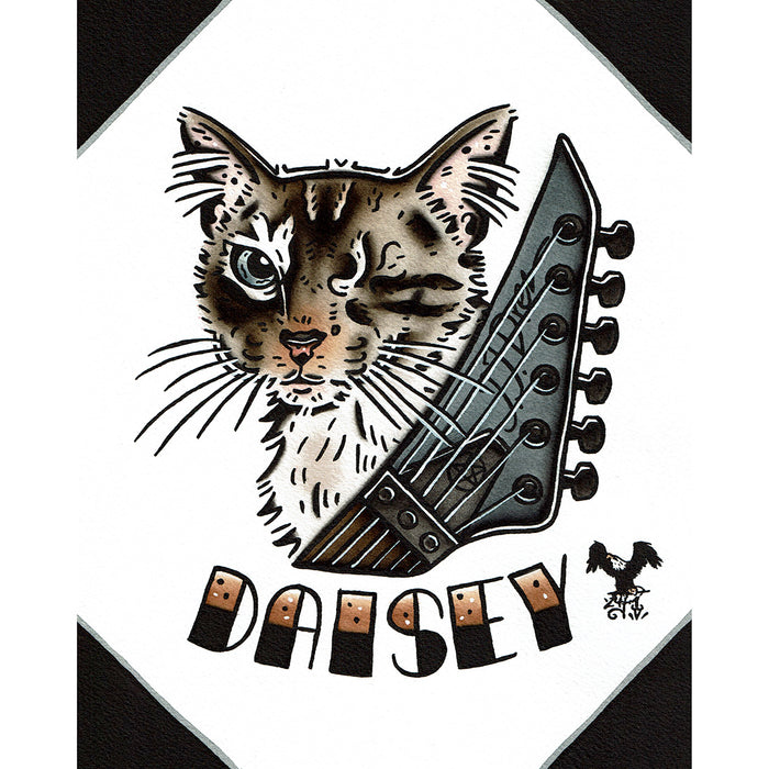 American traditional tattoo flash illustration cat and guitar Pet Portrait watercolor painting commission.