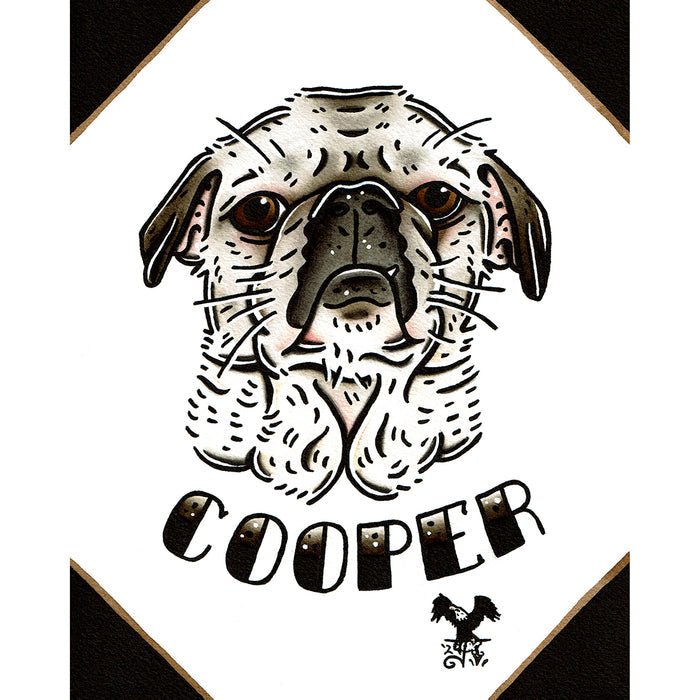 American traditional tattoo flash illustration Pug Pet Portrait watercolor painting commission.