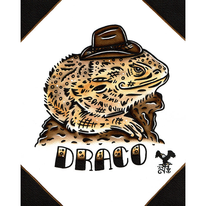 American traditional tattoo flash illustration Bearded Dragon Pet Portrait watercolor painting commission.