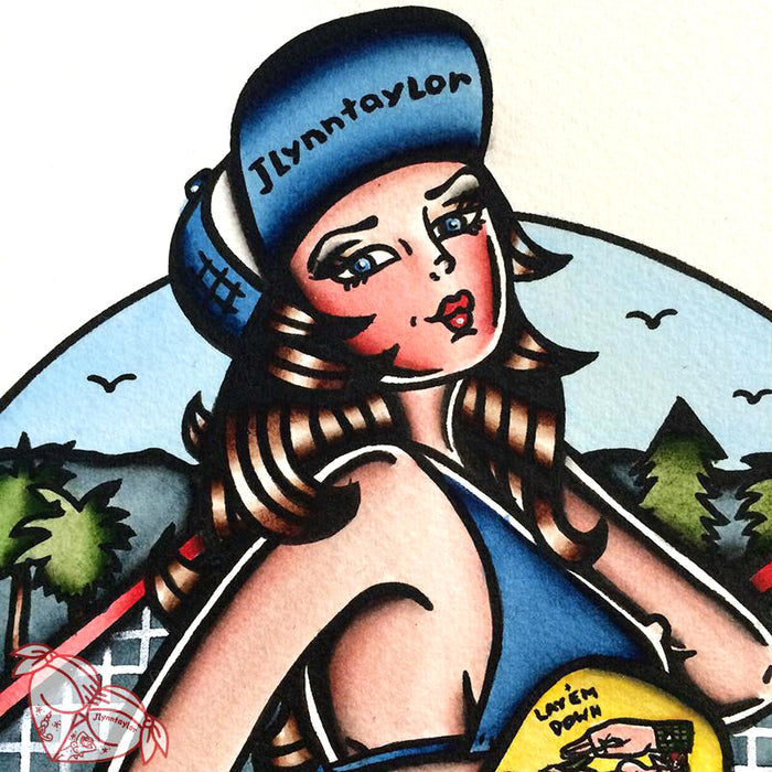American Traditional tattoo flash  Santa Cruz Skateboard Pinup Dot watercolor painting.