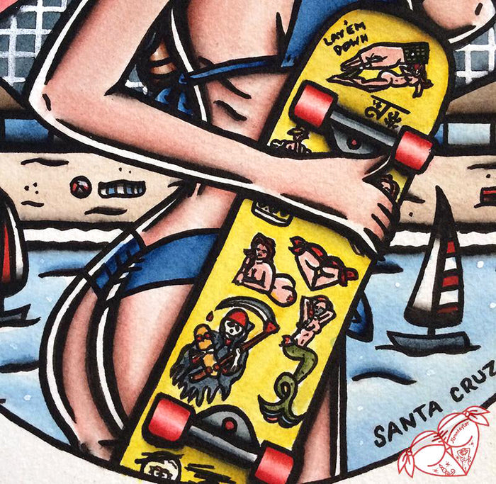American Traditional tattoo flash  Santa Cruz Skateboard Pinup Dot watercolor painting.