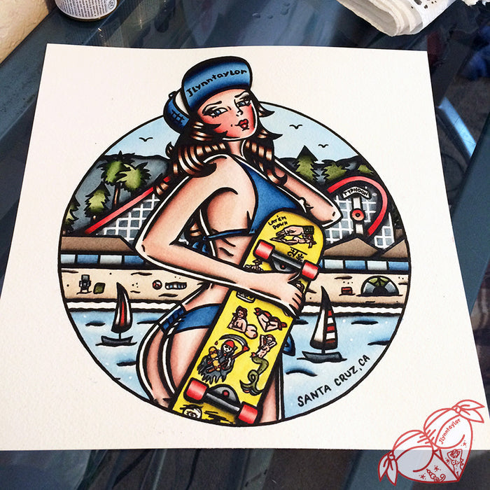 American Traditional tattoo flash  Santa Cruz Skateboard Pinup Dot watercolor painting.
