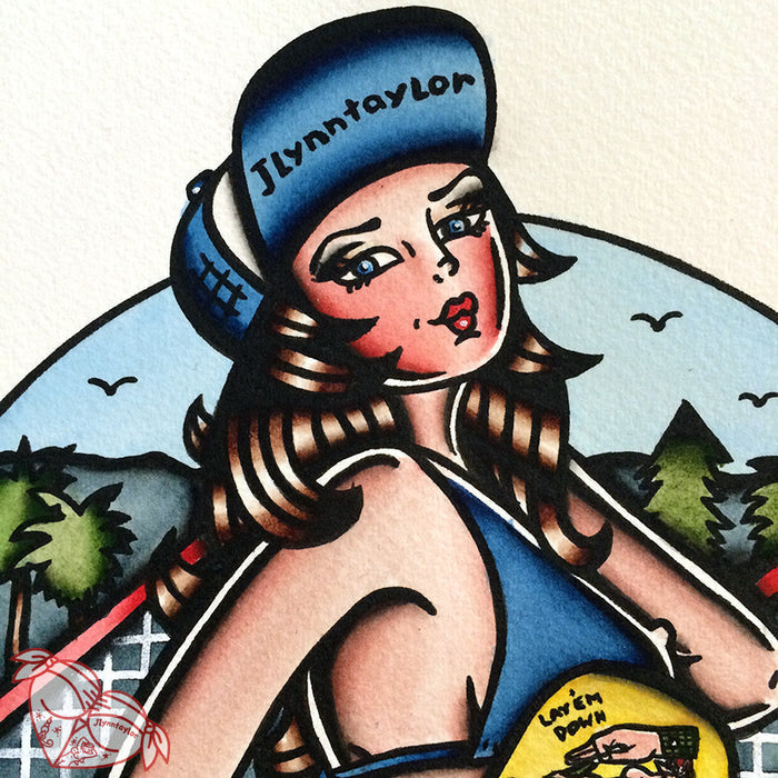 American Traditional tattoo style Santa Cruz skateboard pinup print.