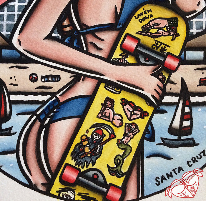 American Traditional tattoo style Santa Cruz skateboard pinup print.