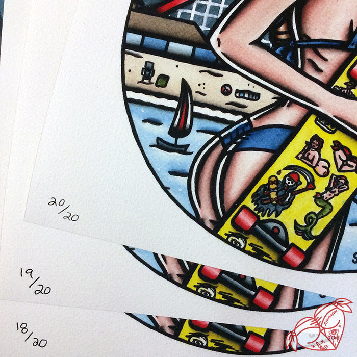 American Traditional tattoo style Santa Cruz skateboard pinup print.