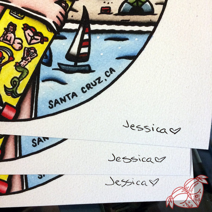 American Traditional tattoo style Santa Cruz skateboard pinup prints.
