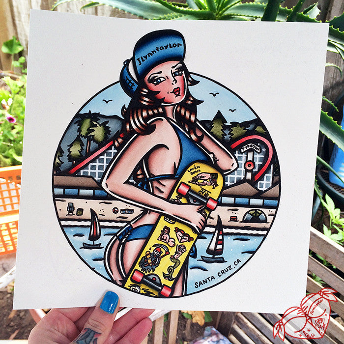 American Traditional tattoo style Santa Cruz skateboard pinup print.