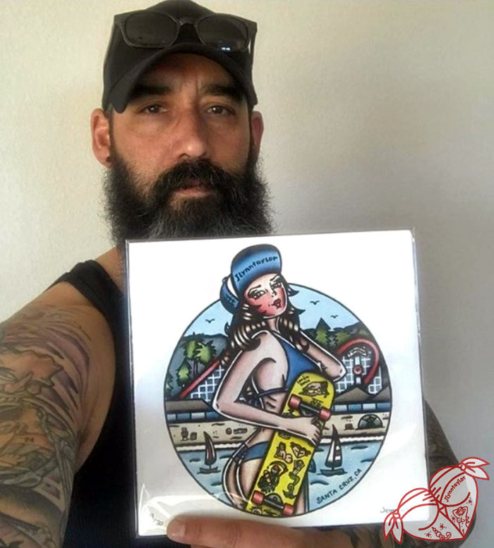 American Traditional tattoo style Santa Cruz skateboard pinup print.