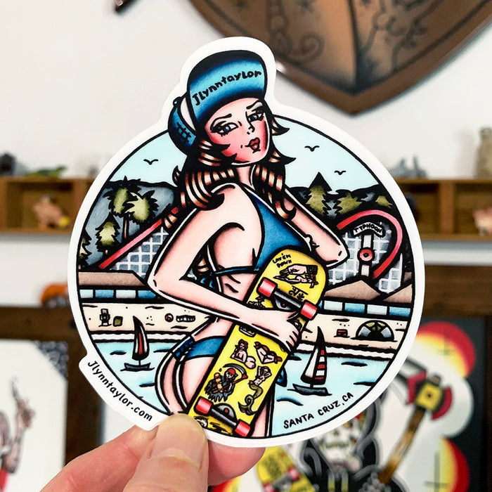 American traditional tattoo flash Santa Cruz Beach Boardwalk Skateboard  Pinup watercolor sticker.