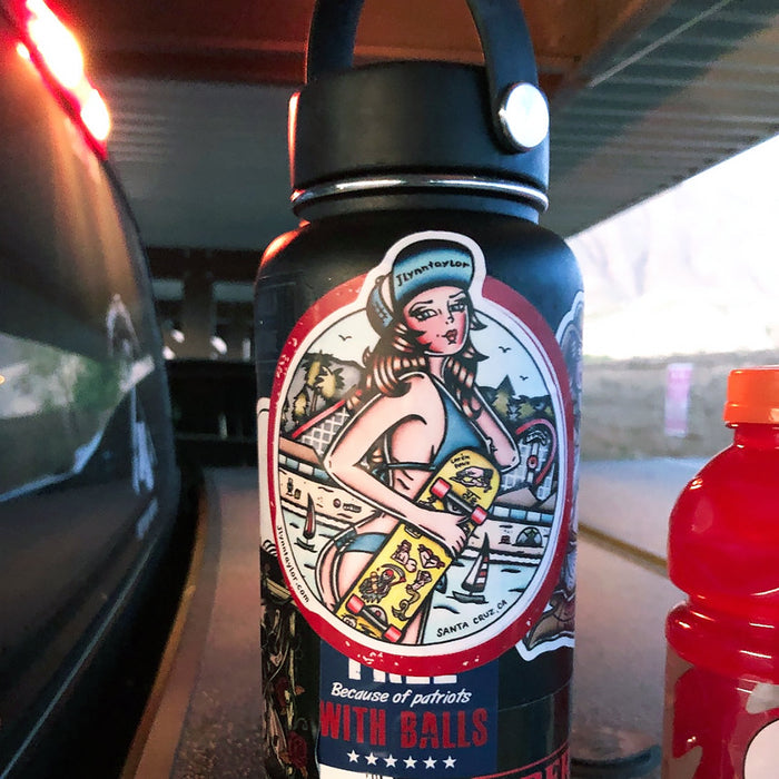 American traditional tattoo flash Santa Cruz Beach Boardwalk Skateboard  Pinup watercolor sticker.