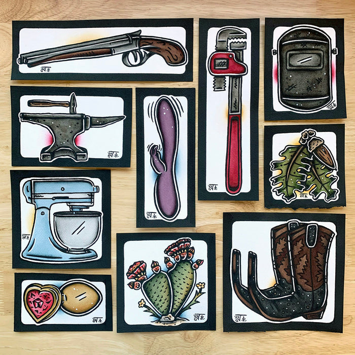 American traditional tattoo flash illustration Pipe Wrench Tool watercolor painting.