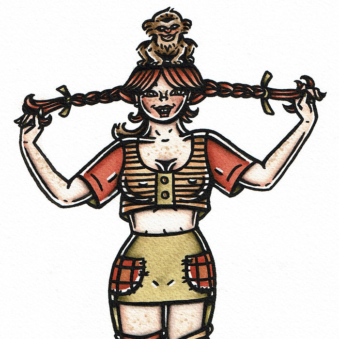 American traditional tattoo flash Pipi Longstocking Pinup watercolor painting.