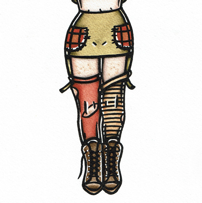 American traditional tattoo flash Pipi Longstocking Pinup watercolor painting.