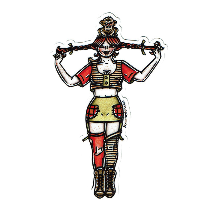 American traditional tattoo flash illustration Pippi Longstocking Pinup watercolor sticker.